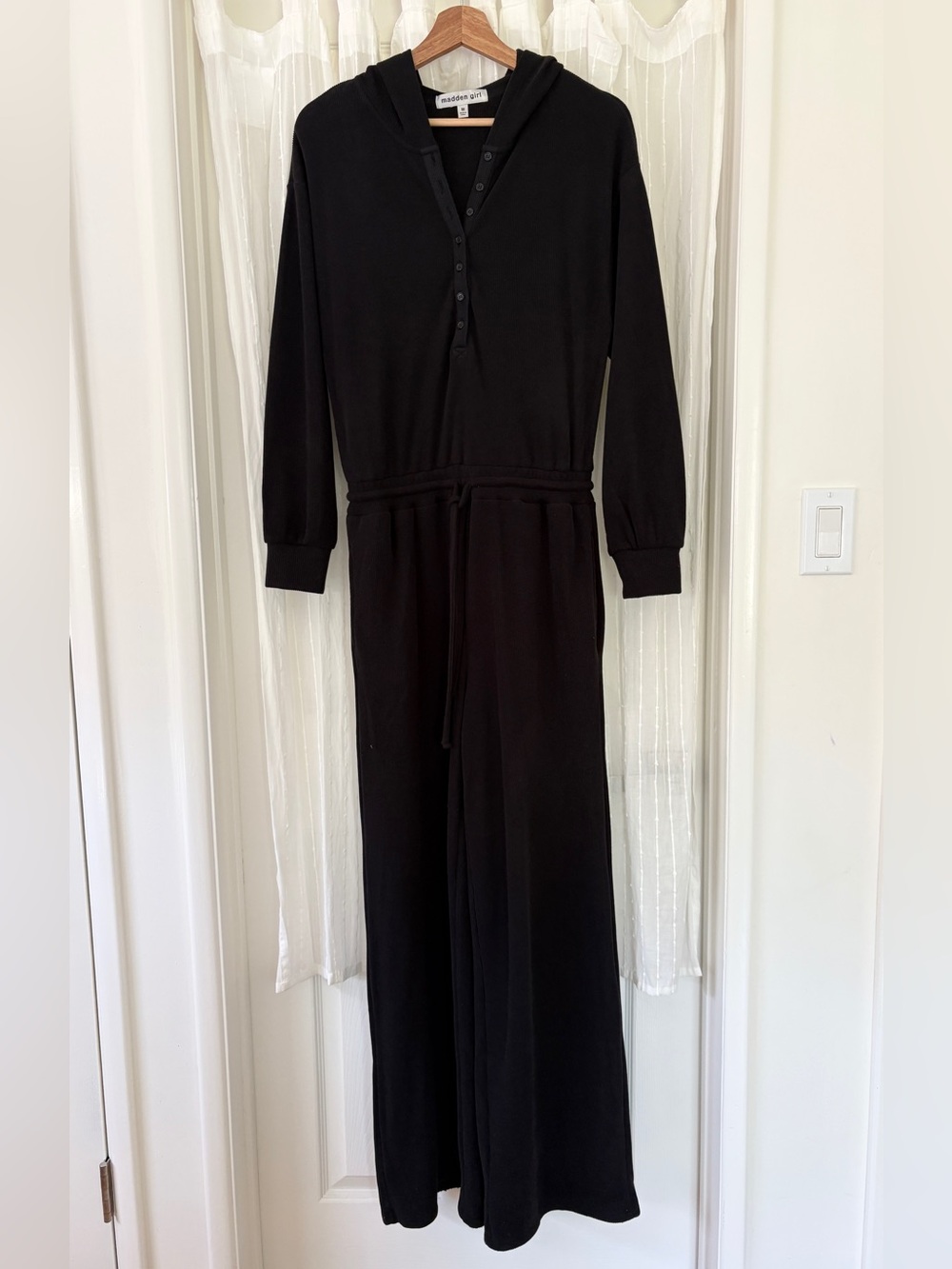 Madden Girl Black Hooded Long-Sleeve Jumpsuit with Drawstring Waist
